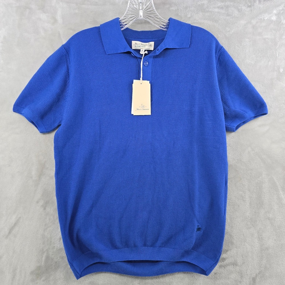 NWT Merz b. Schwanen Mens M Polo Blue Organic Cotton Knit Short Sleeve